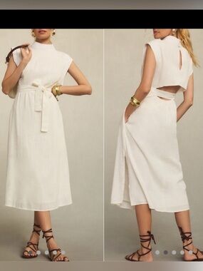 Porridge Anthropologie Modern Belted Column Midi Dress Size M Linen Blend White